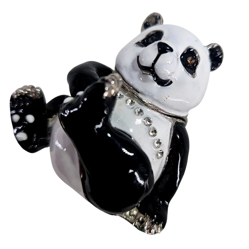 Panda Bear Hinged Trinket Box Enamel Rhinestone‎ Crystal Bejeweled Black White